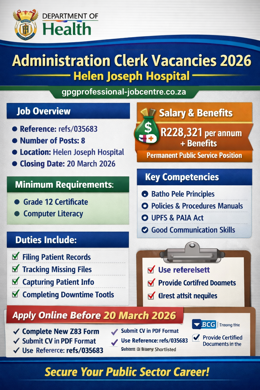Digital poster showing Administration Clerk vacancies at Helen Joseph Tertiary Hospital with salary R228,321 per annum, 8 positions, reference refs/035683, closing date 20 March 2026, and website gpgprofessional-jobcentre.co.za