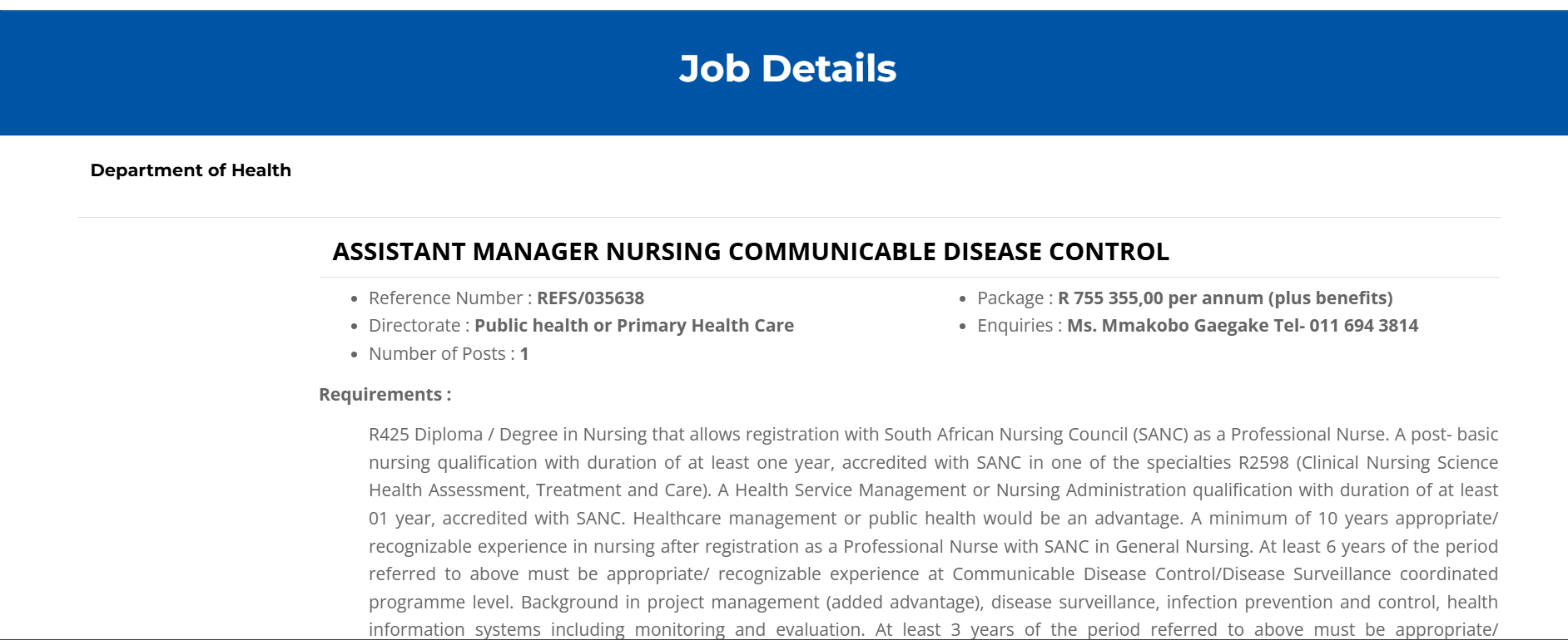 Assistant Manager Nursing vacancy 2026 – Dept of Health, Johannesburg