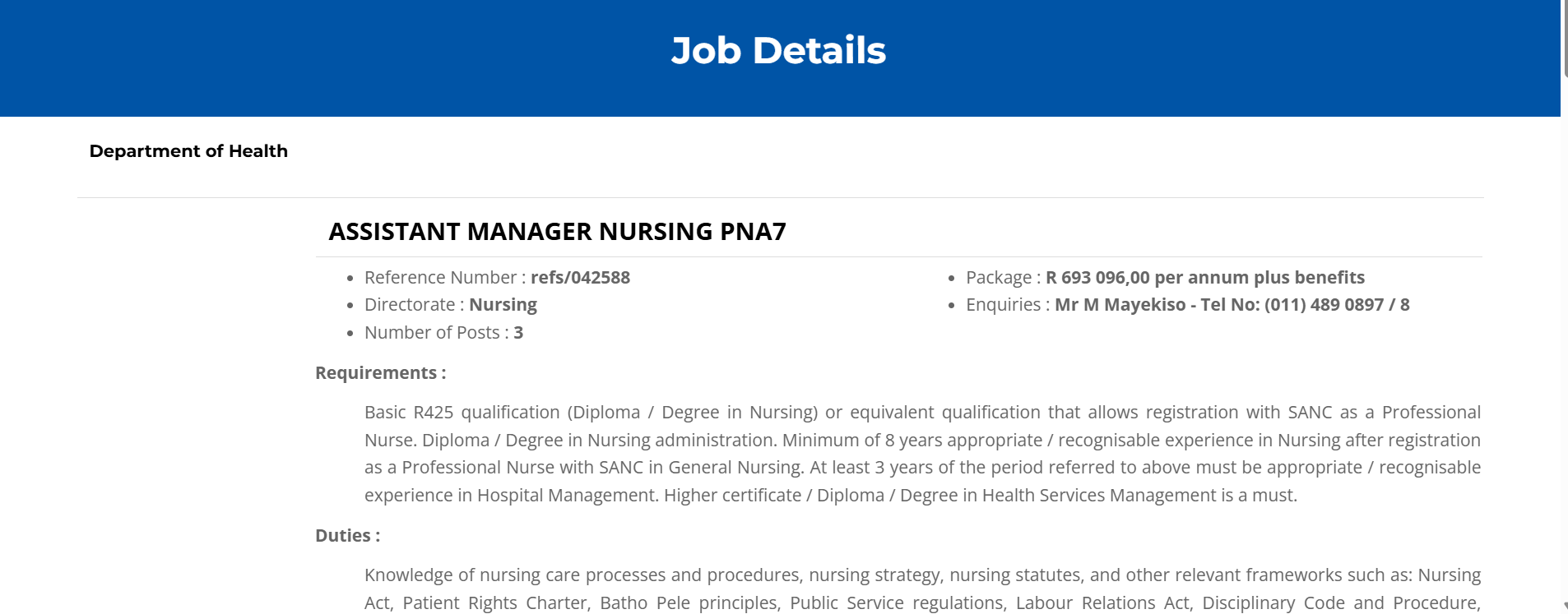 Assistant Manager Nursing PNA7 x3 Vacancies 2026 – Helen Joseph Hospital