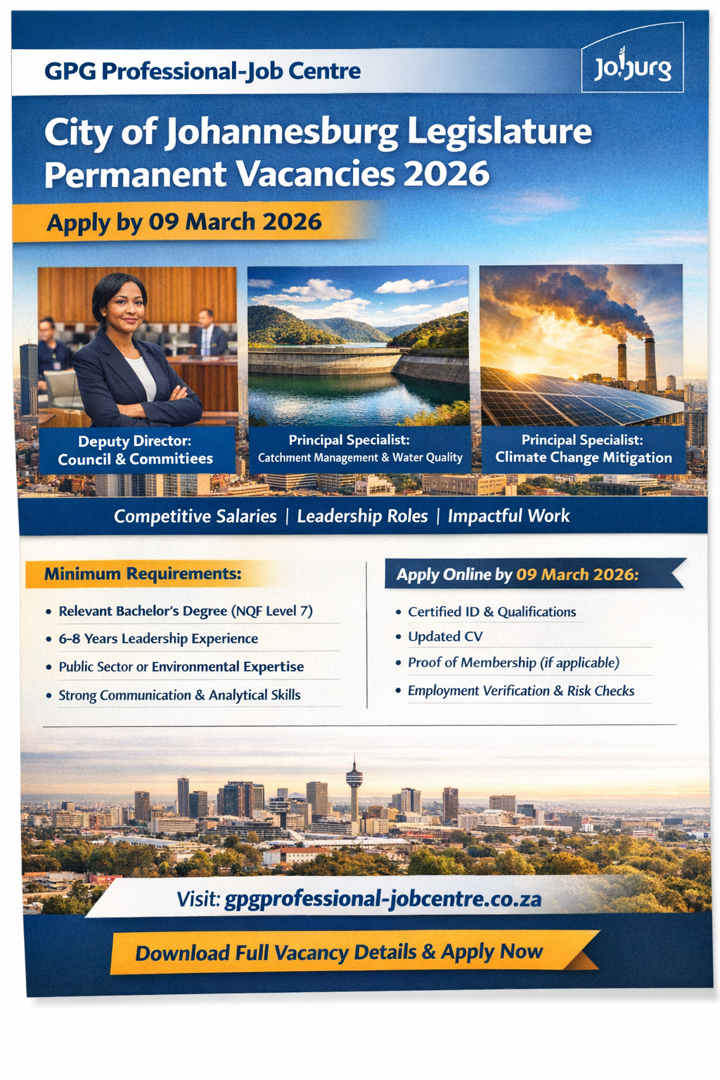 City of Johannesburg Legislature permanent senior vacancies 2026 showing Deputy Director and Principal Specialist roles with application deadline