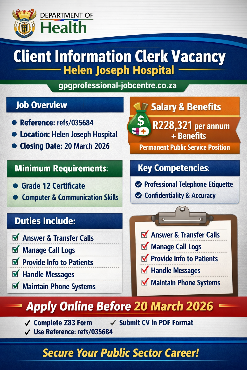 Client Information Clerk vacancy poster at Helen Joseph Tertiary Hospital showing salary R228,321 per annum, reference refs/035684, closing date 20 March 2026, and website gpgprofessional-jobcentre.co.za