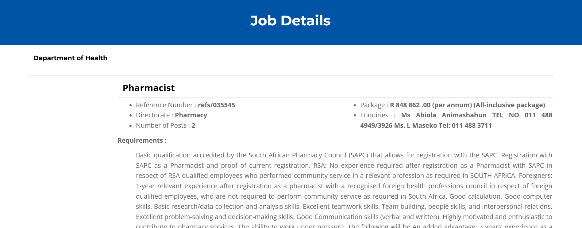 Gauteng Department of Health Pharmacist Posts (2) – 2026