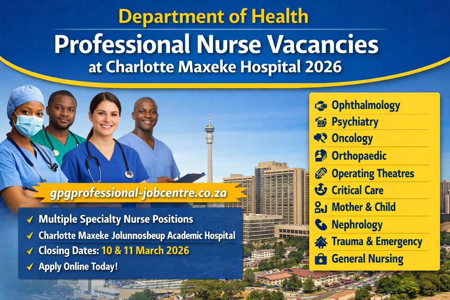 Professional Nurse vacancies at Charlotte Maxeke Johannesburg Academic Hospital, Gauteng, 2026, apply online via gpgprofessional-jobcentre.co.za