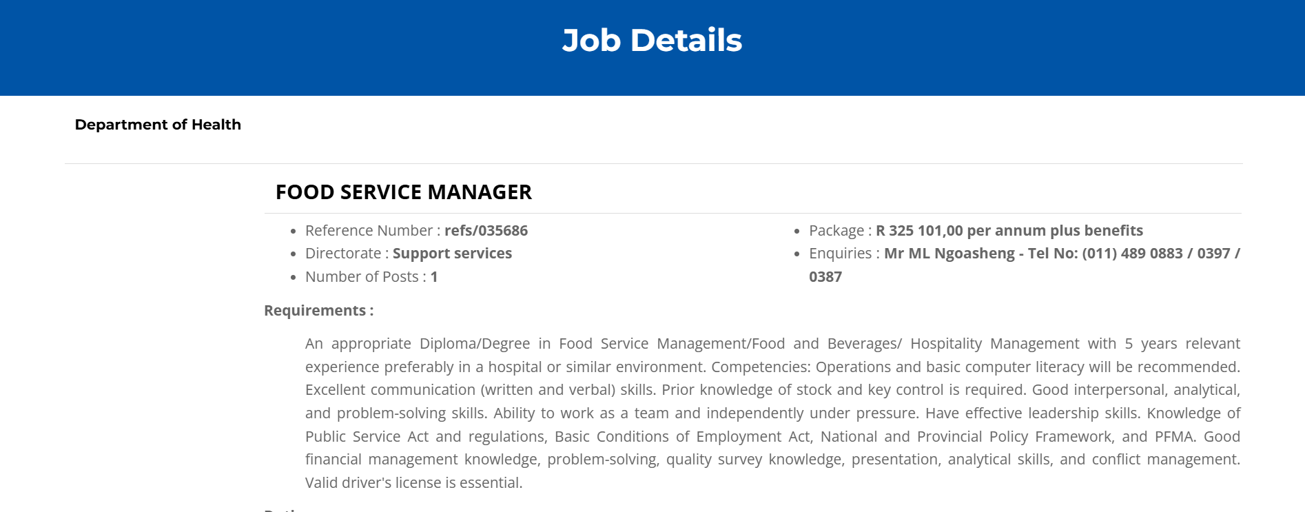 Food Service Manager Vacancy 2026 – Helen Joseph Hospital (March)