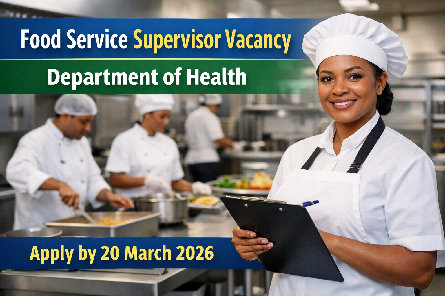 Food Service Supervisor vacancy poster showing hospital kitchen staff, supervisor with clipboard, and application deadline details.