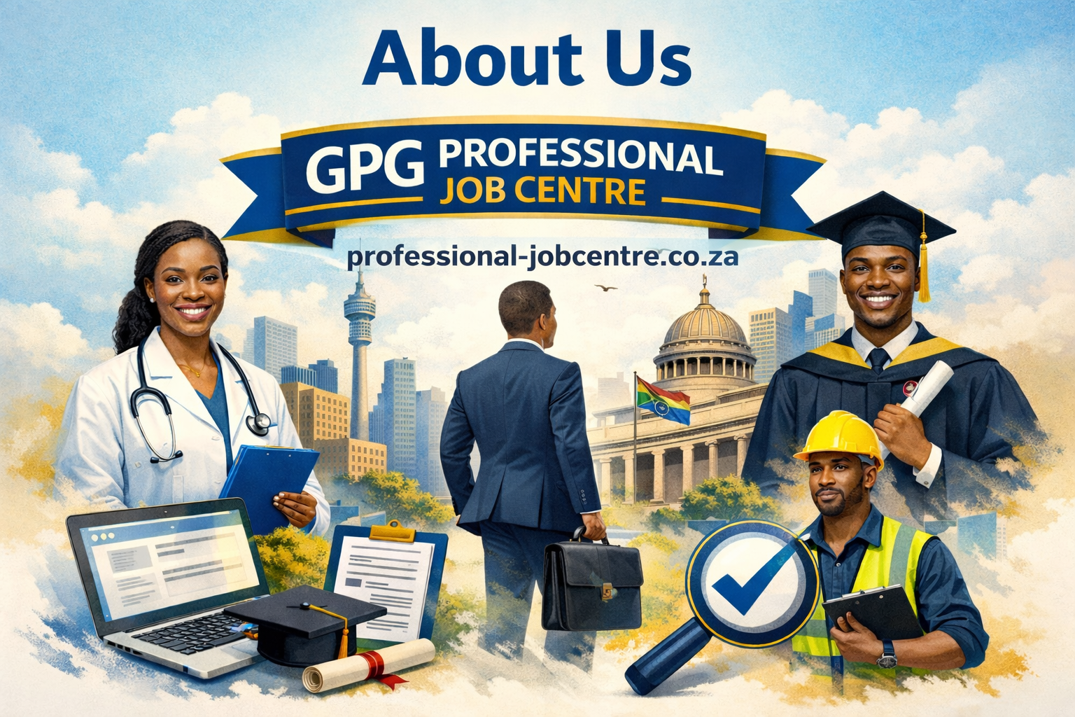 Illustration showing diverse Gauteng government professionals with city skyline, graduation cap, doctor, engineer, and digital job application symbols, website professional-jobcentre.co.za