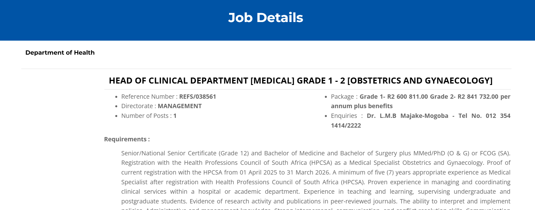 Head of Clinical Department Obstetrics and Gynaecology X1 Vacancy 2026