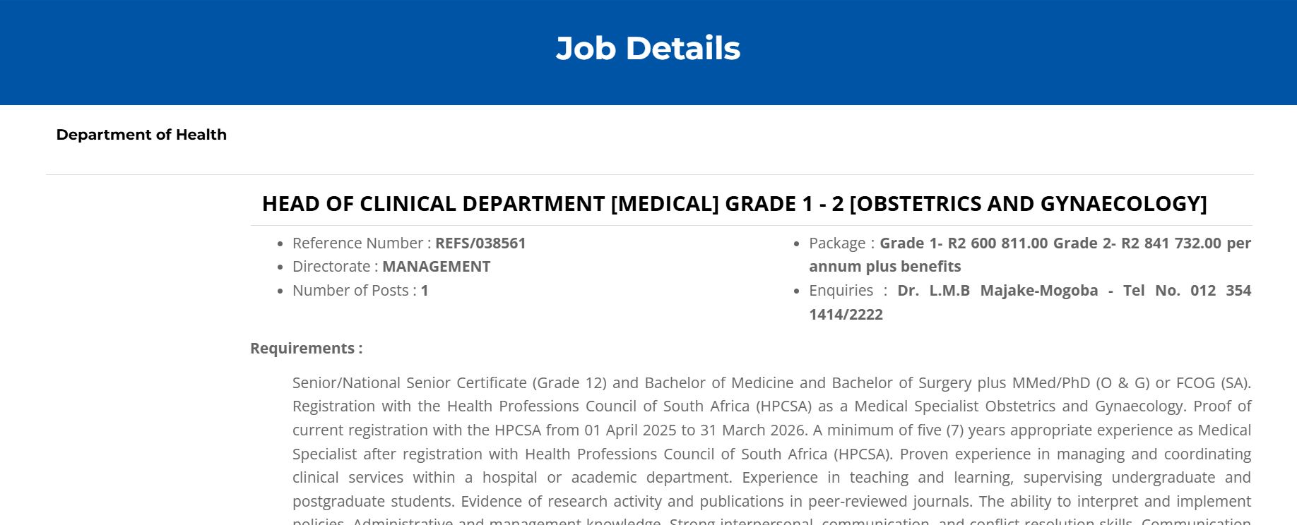 Head of Clinical Department Obstetrics and Gynaecology Vacancy 2026
