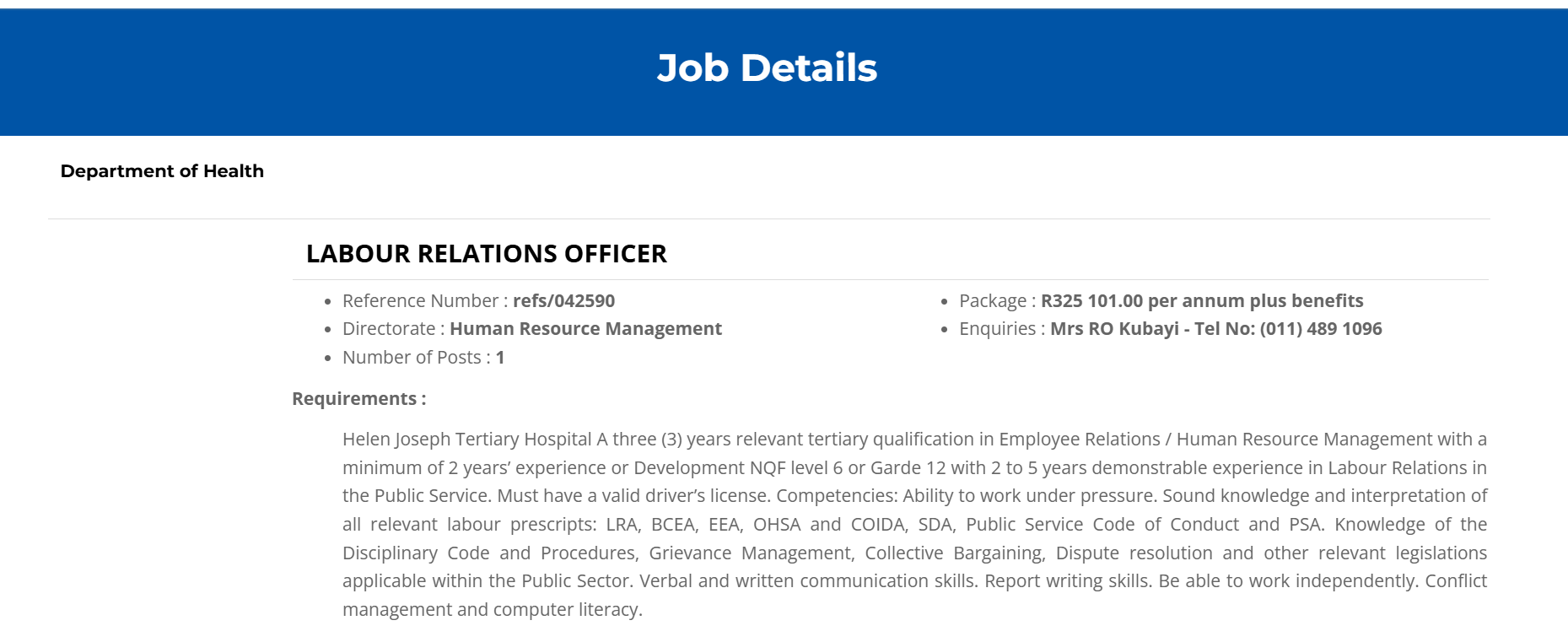 Helen Joseph Tertiary Hospital Labour Relations Officer Vacancy