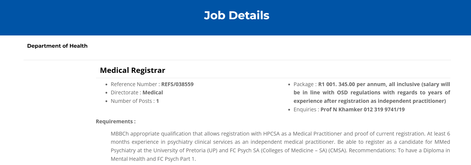 Medical Registrar Vacancy 2026 at Weskoppies Hospital