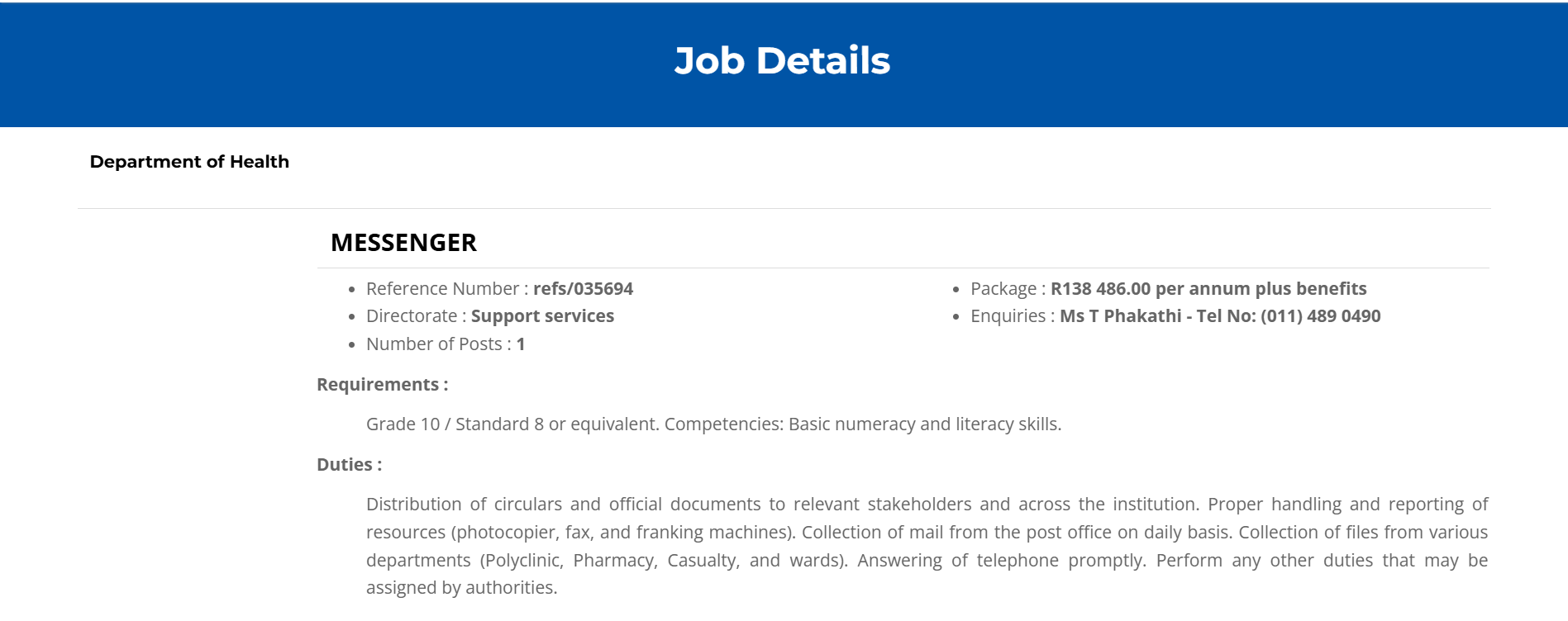 Messenger Vacancy – Helen Joseph Hospital – Apply by March 21 2026