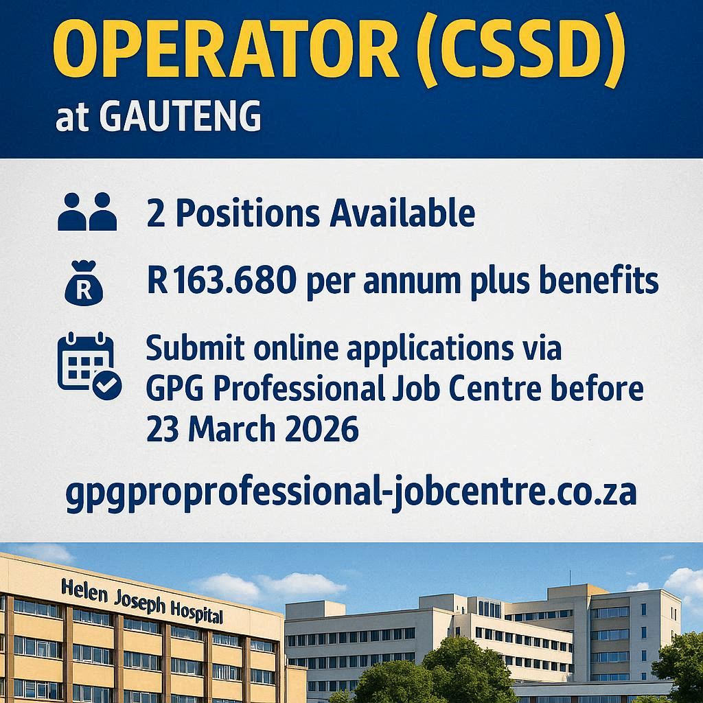 Operator (CSSD) Vacancies 2026 – Helen Joseph Tertiary Hospital (2 Posts)