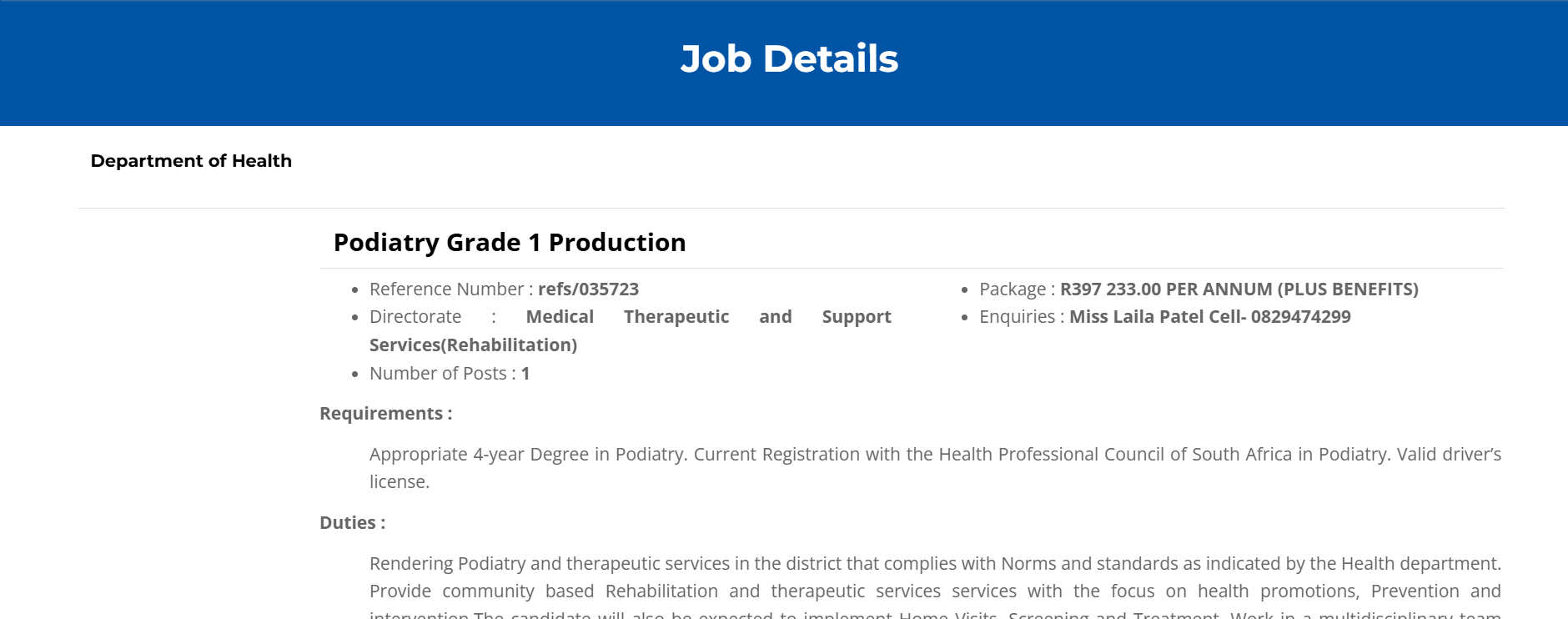Podiatry Grade 1 Production Vacancy 2026 – Apply by 19 March 2026