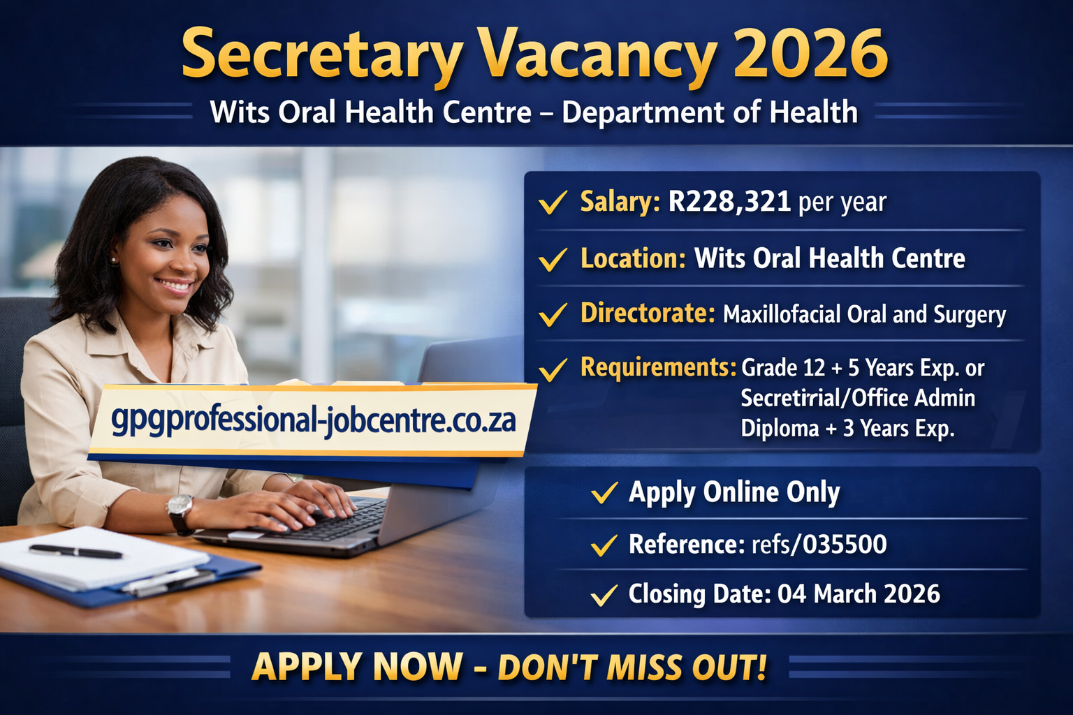 Professional Secretary Vacancy 2026 at Wits Oral Health Centre with application website gpgprofessional-jobcentre.co.za