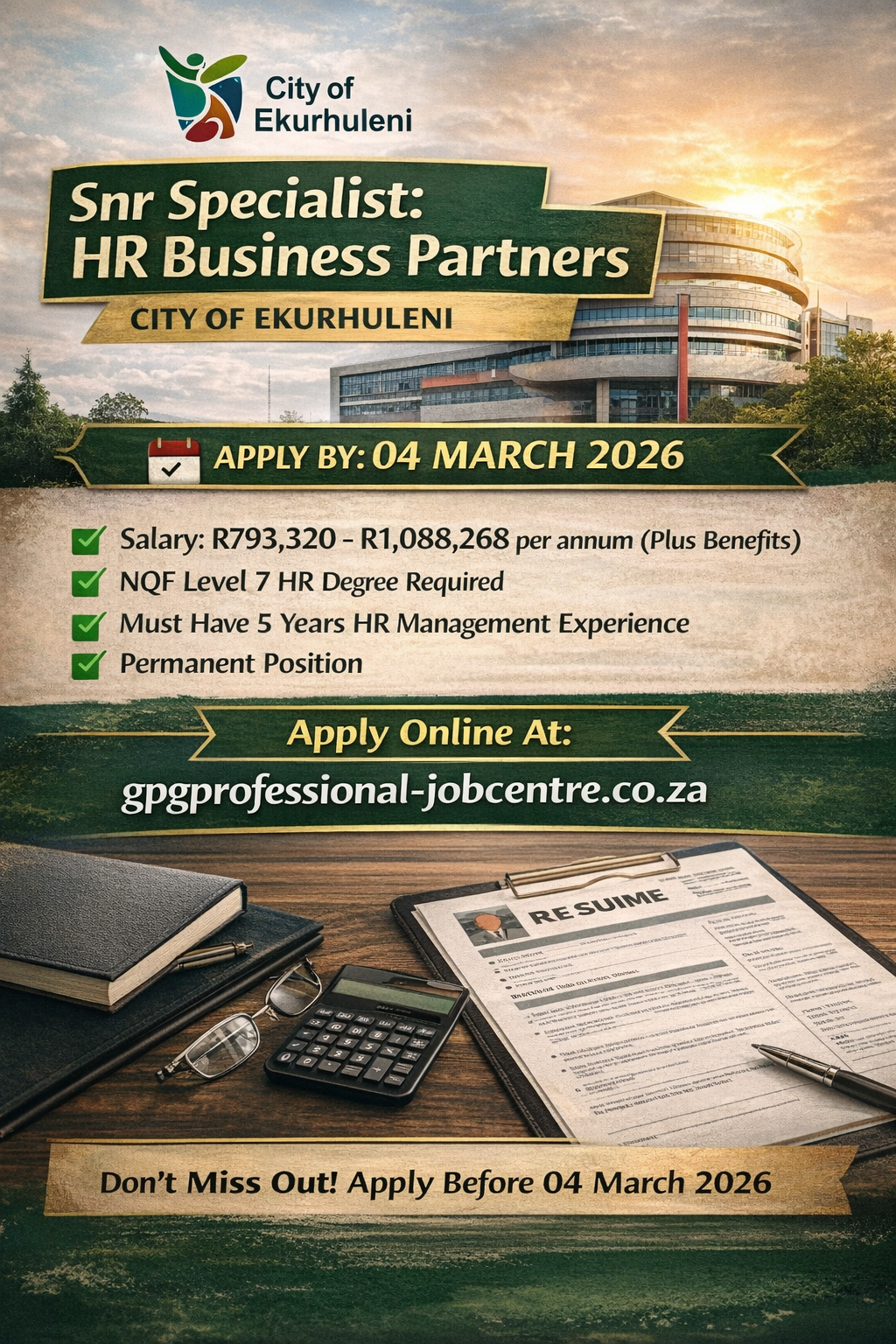 Snr Specialist: HR Business Partners – City of Ekurhuleni | Apply by 04 March 2026